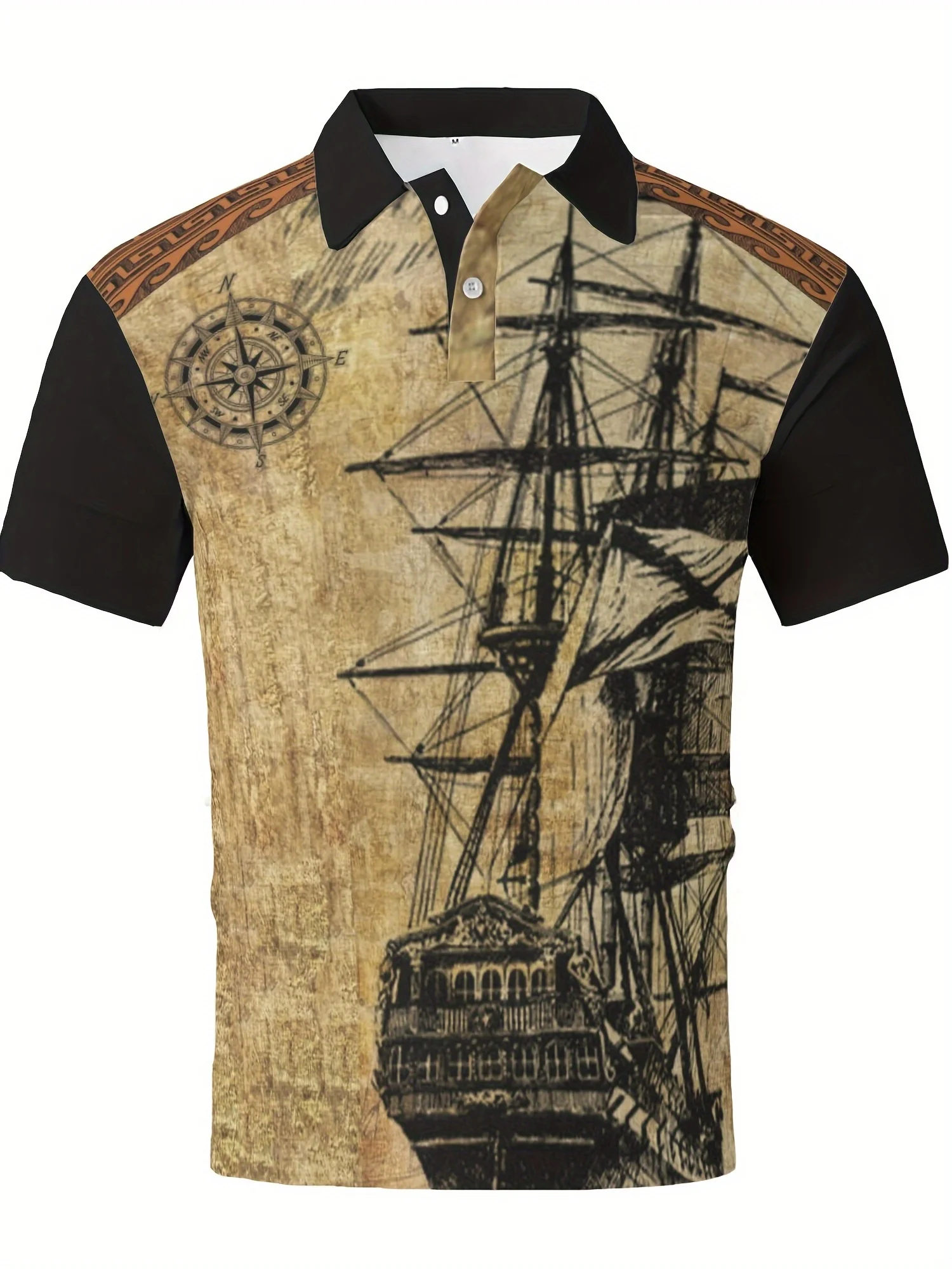 New men's short-sleeve polo shirt T-shirt, loose-fitting and tailored with printed patterns, versatile basic crew-neck top suita