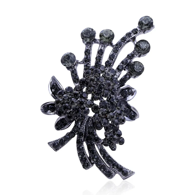 

European And American Fowers Black Rhinestone Brooch Unisex Coat Corsage Office Party Friends Gift Accessory