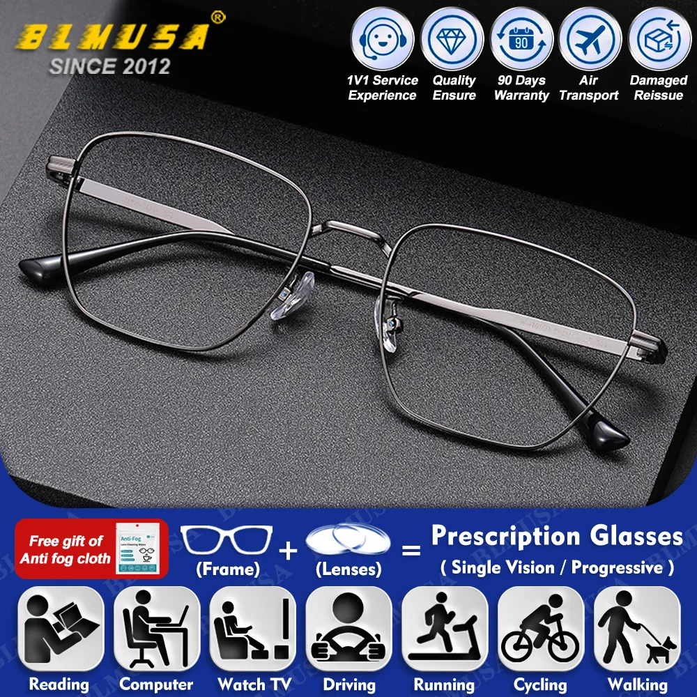 

BLMUSA (L) Versatile Alloy Square Myopia Photochromic Prescription Glasses Men Oversize Frame Anti Blue Ray Progressive Eyeware