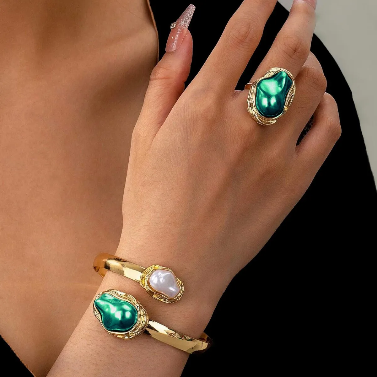 2 pieces retro special-shaped pearl ring bracelet female exa