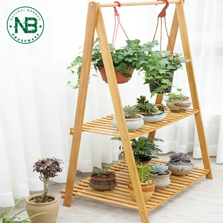 

2-Tier Display Garden Bamboo Wooden Flower Pot Rack Plant Stand Flower Display Shelf Rack