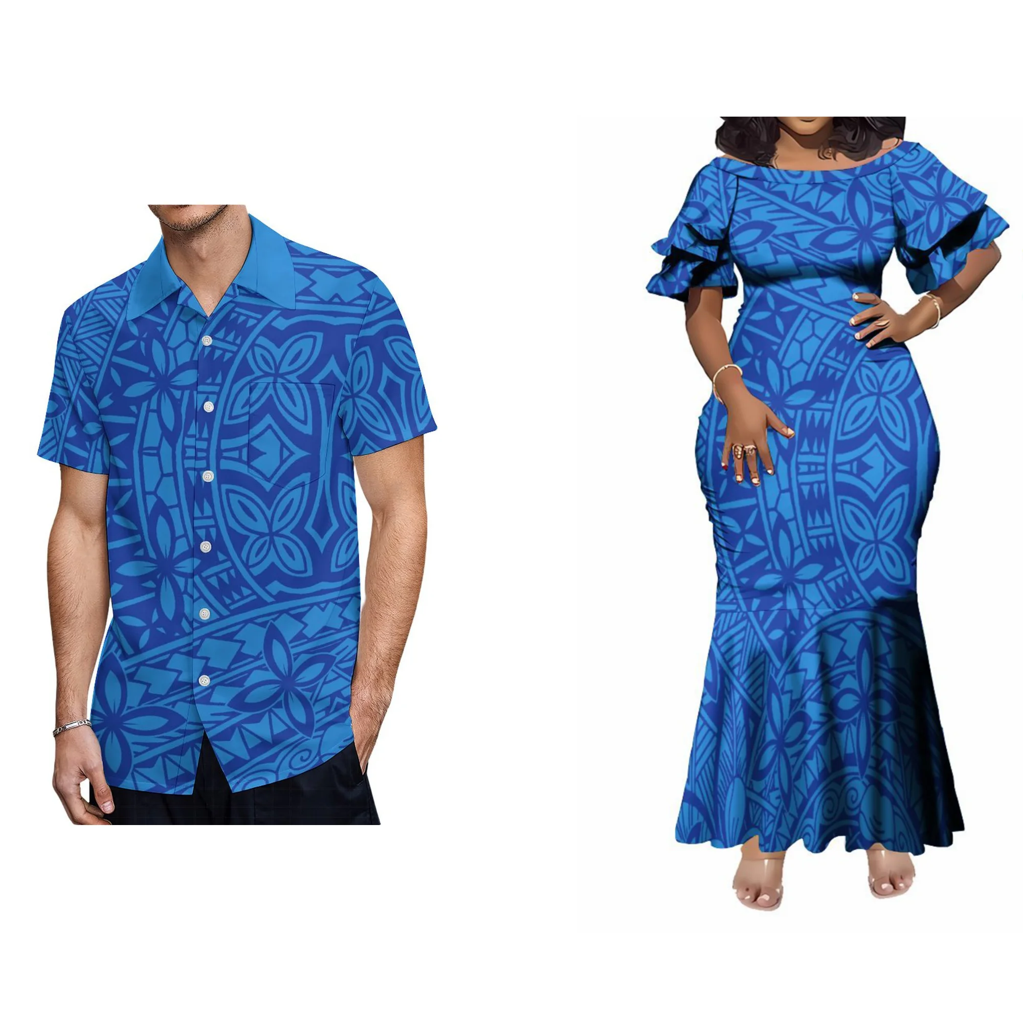 

Hot Selling Polynesian Tonga Tribal Design Layered Ruffle Sleeve Evening Dress Women Lady Elegant Long Mermaid Dress