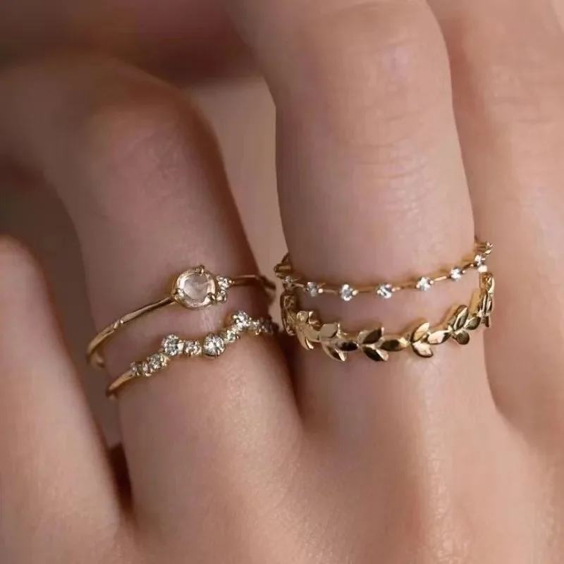 Fashion Simple Romantic Luxury Zircon Inlaid Copper Two-Piece Ring Set for Women