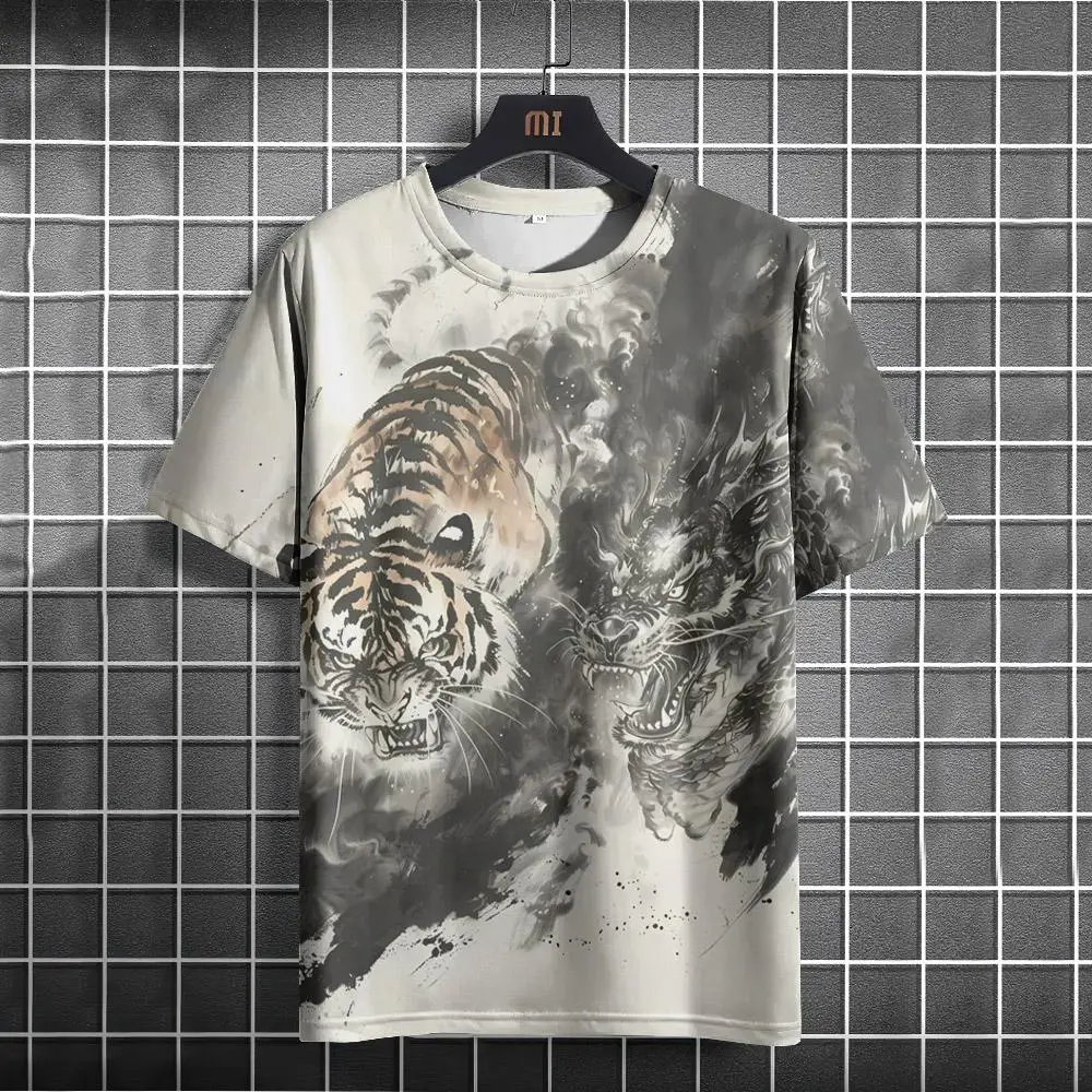 Animal T Shirt For Men Street Oversized Clothing Dragon&Tiger Pattern 3d Print Casual Summer Short Sleeve Men's T-Shirts