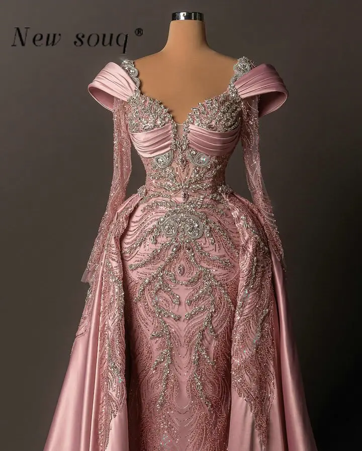 

Elegant Pastel Pink Evening Party Dresses with Detachable Train Customized Crystals Long Sleeves Formal Wedding Guest Wear Gowns