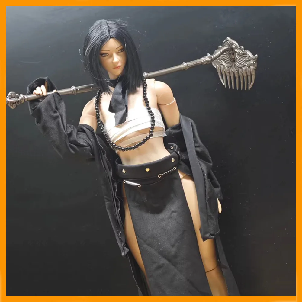 

1/6 Scale Female Soldier Cos Black Bajie ClothesSet Tie Silk Braid Corset Black Robe with Mini Rake Model for 12" Action Figure