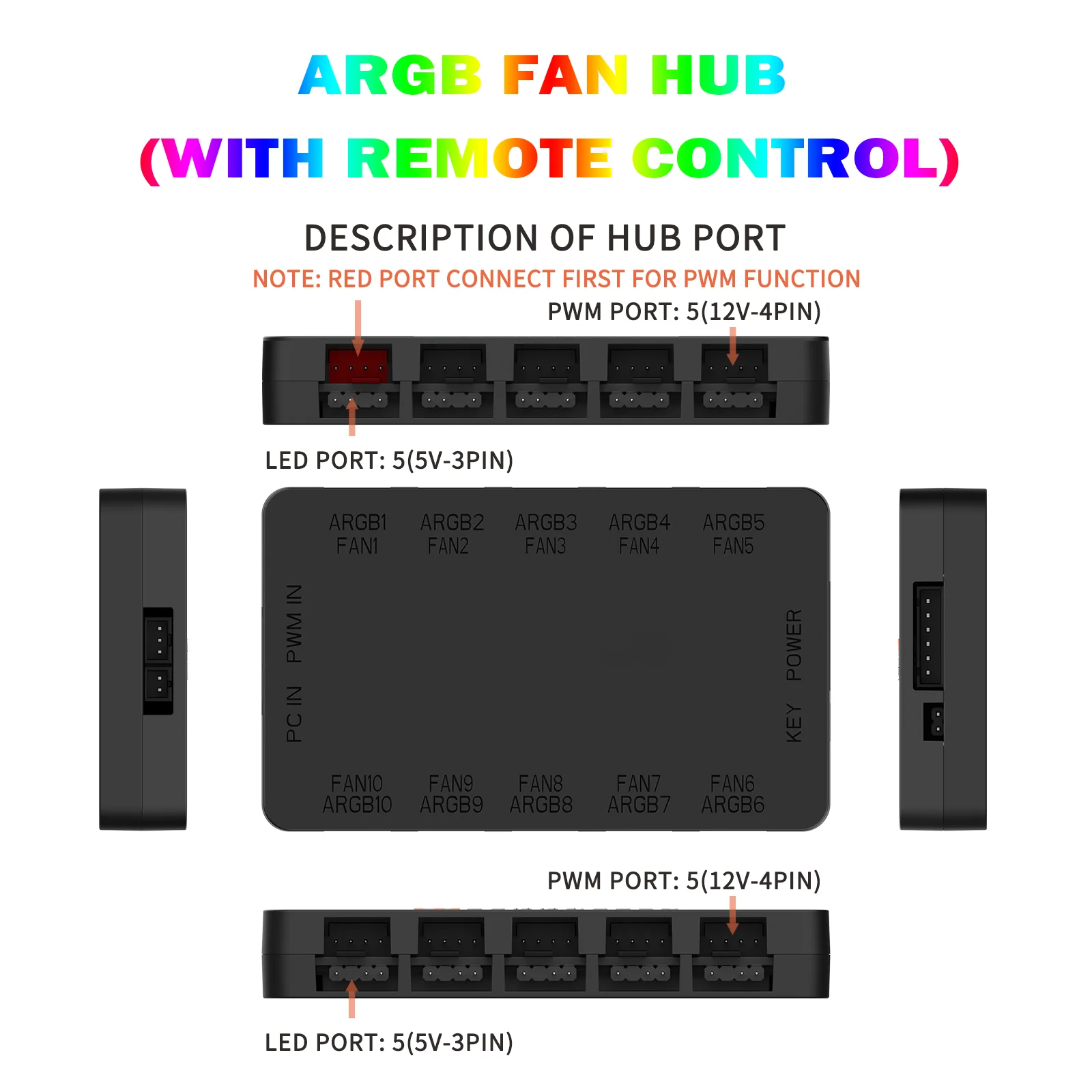 5V 3PIN 10-Port Fan Adapter with Wireless Controller for Computer Hardware 2-in-1 ARGB/PWM Hub