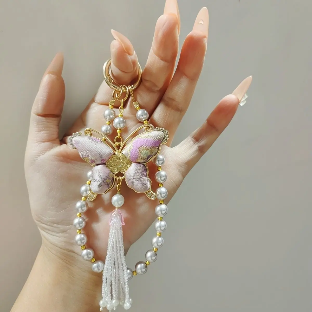 

Luxury Chinese Style Song Brocade Butterfly Pearl Phone Charm Strap Handmade Tassel Keychain Bag Pendant Jewelry for Women