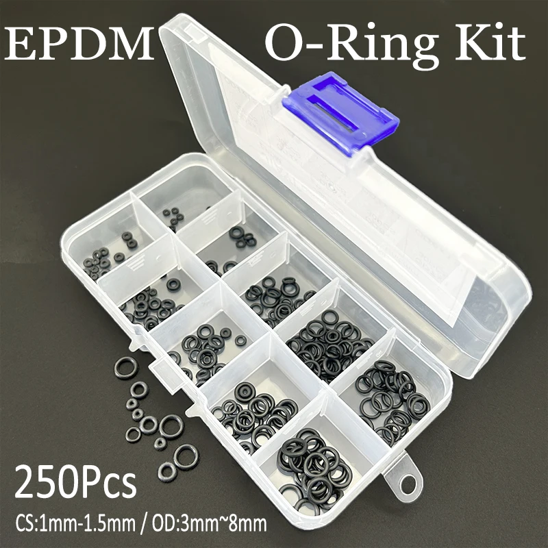 EPDM Black O-Ring Kit Weatherproof Sealing Gaskets for Auto/Plumbing/Equipment Sizes CS 1-1.5mm OD 3~8mm Rubber O Rings 250PCS
