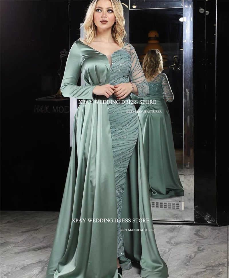 XPAY Exquisite Glitter Asymmetrical Prom Party Dresses Satin V-Neck Customised Long Sleeves Split Belt Night Event Gowns