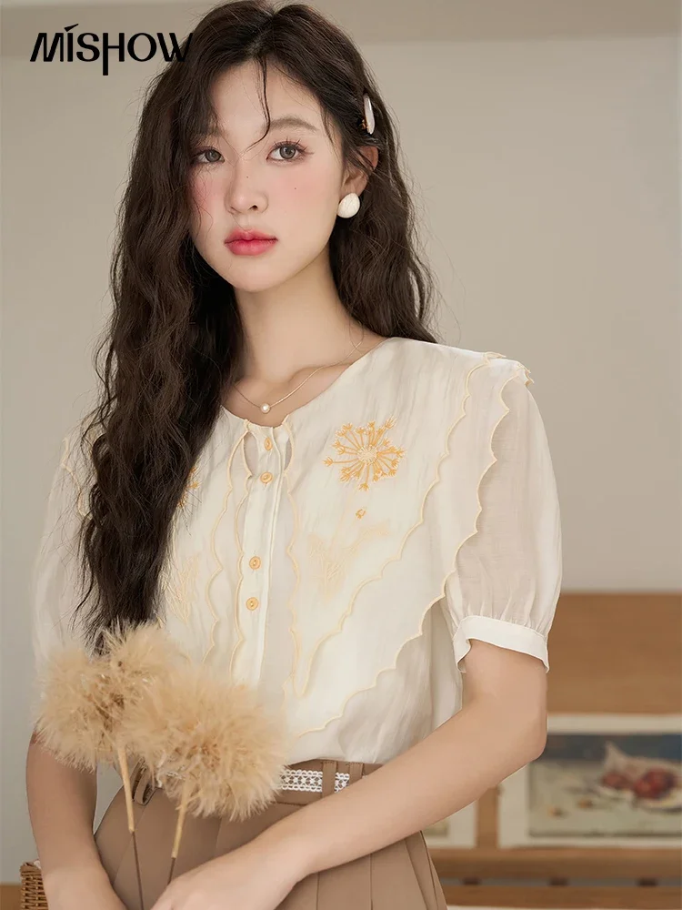 MISHOW【Taraxacum Series】Women\'s Shirt Summer Double Layer Doll Collar Embroidery Puff Sleeve with Straps Shirt MXC39X0100