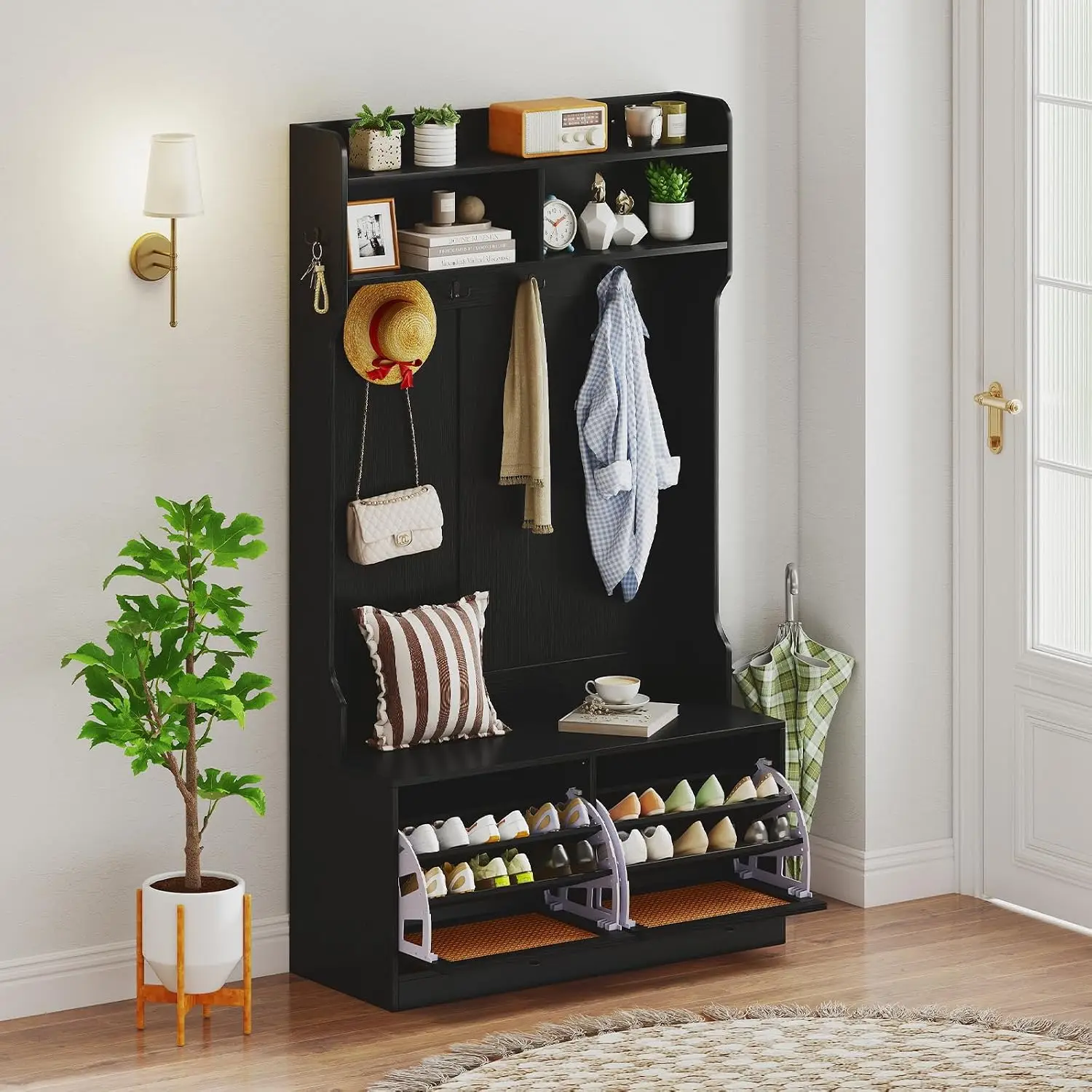 4-In-1 Hall Tree Bench with Coat Rack & Flip Shoe Storage, Dual-Hook Hangers & Rattan Doors, Mudroom Organizer, Black, Customize