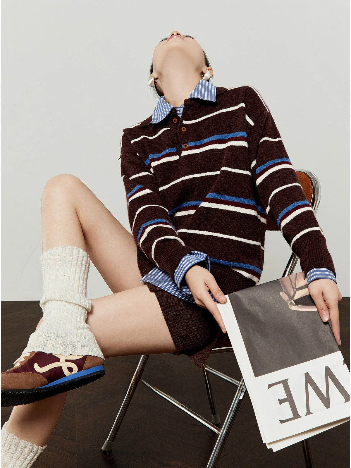 

Ce Brown Women's Knitted Ne Striped Top Trendy Design Casual Loose Fit Long Sve Autumn Faion Ladies' Knitwear