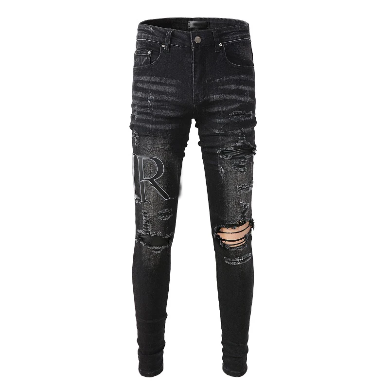 Men's High Street Distressed Black Jeans Embroidered Leather Letters Skinny Stretch Jeans