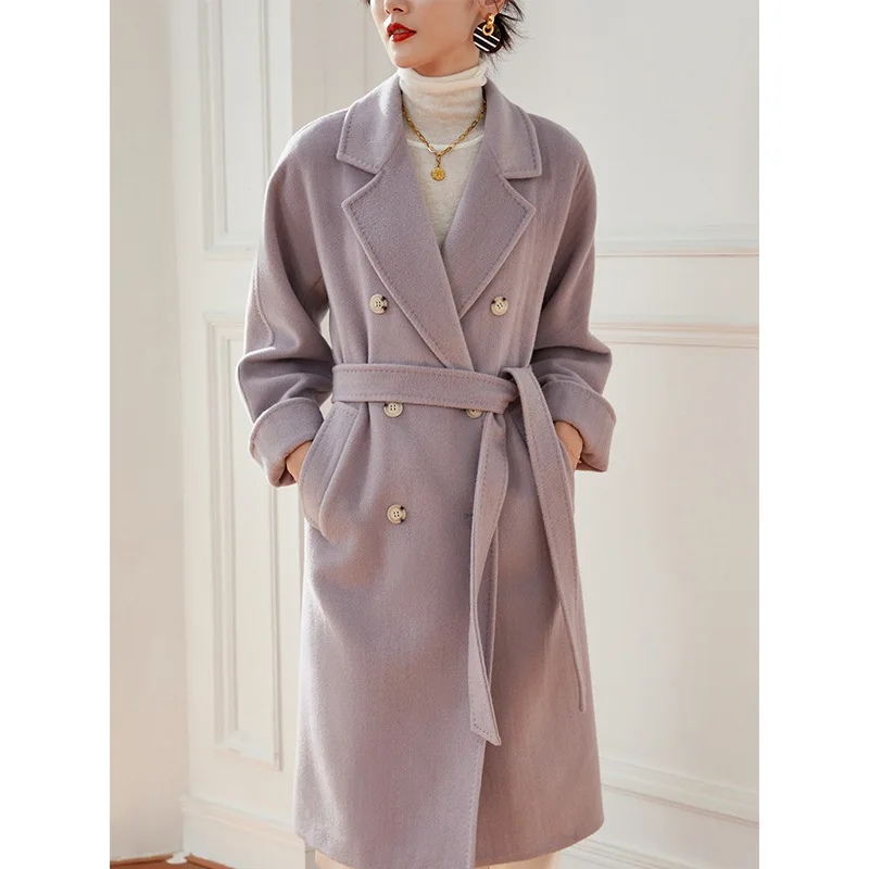 2023 Winter Women Cashmere Coat Camel Color New Loose Lace Wool Coat Female Mid-length Raglan Sleeves Purple Jacket Thickening