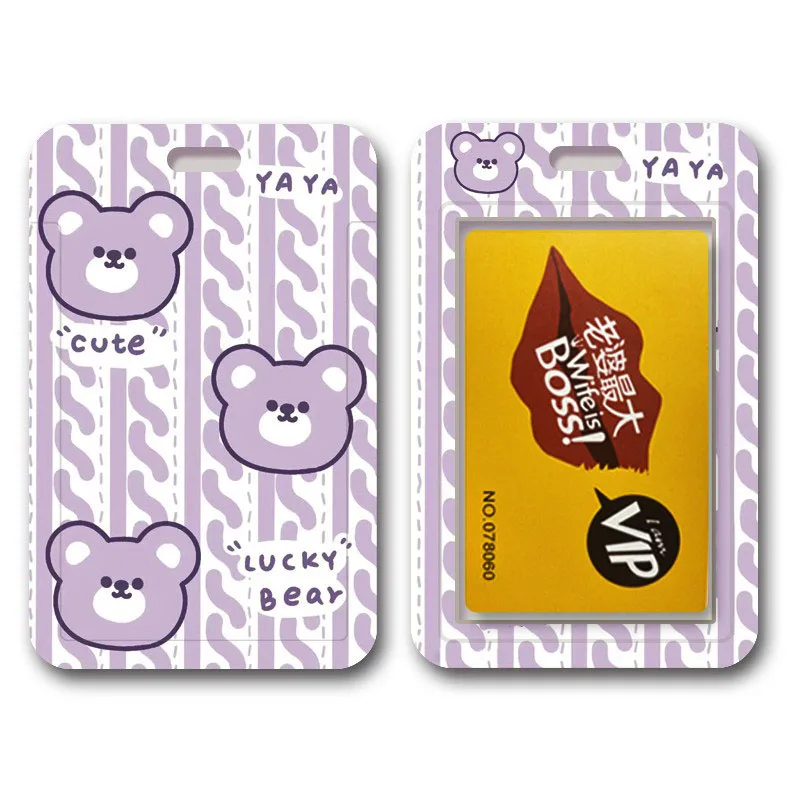 Cute Cartoon Purple Bear Card Holder Student Meal Card Public Transport Underground Traffic School Card Access Card Protective