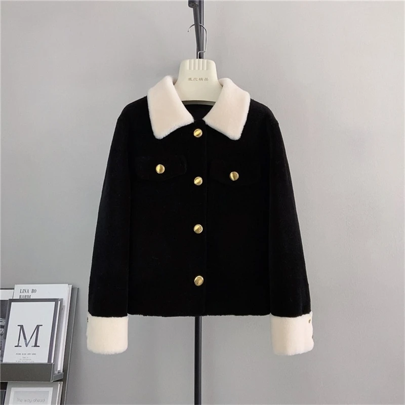 

Lady Lamb's Wool Square Collar Short Jacket Female Girl Sheep Shearling Fall and Winter New Warm Coat PT476