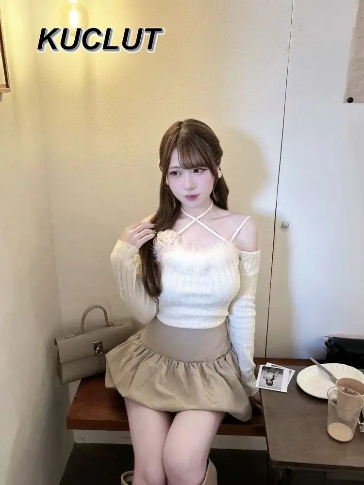 الرسن الرقبة المرقعة خارج الكتف سليم محبوك أعلى النمط الياباني ربيع الخريف طويلة الأكمام البلوز البلوزات للنساء