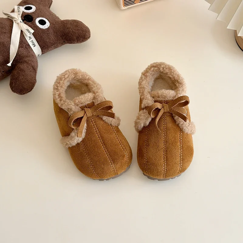 Children Leather Flats for Girls 2024 Winter New Fashion Korean Style Sweet Bowtie Soft Bottom Anti-slippery Cotton Shoes Chic