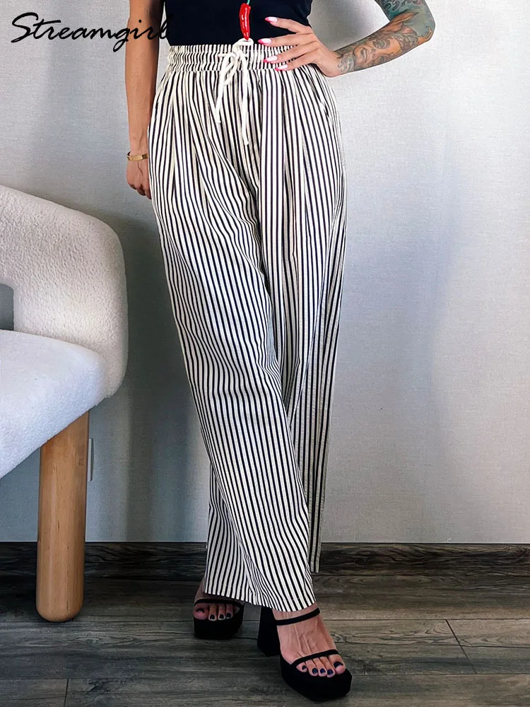 Streamgirl Wide Leg Women Striped Pants Autumn Black White Summer Loose Casual High Waist Trouser Ladies Straight Pants Women