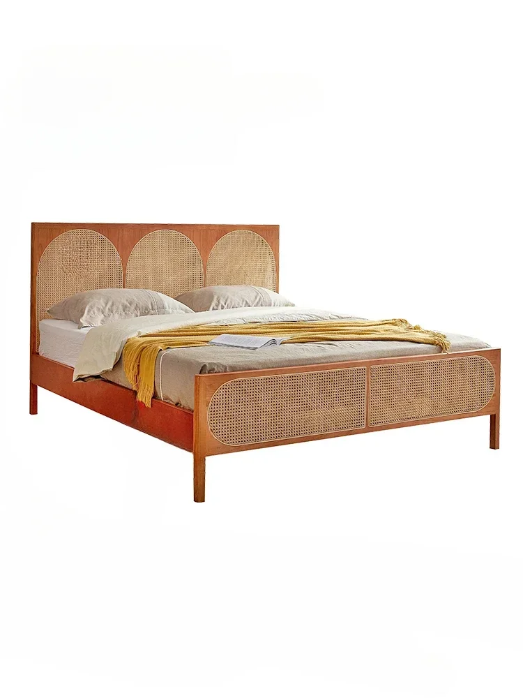 

Nordic Solid Wood Bed Japanese Rattan Bed Retro Master Bedroom Marriage Bed Small Apartment B & B