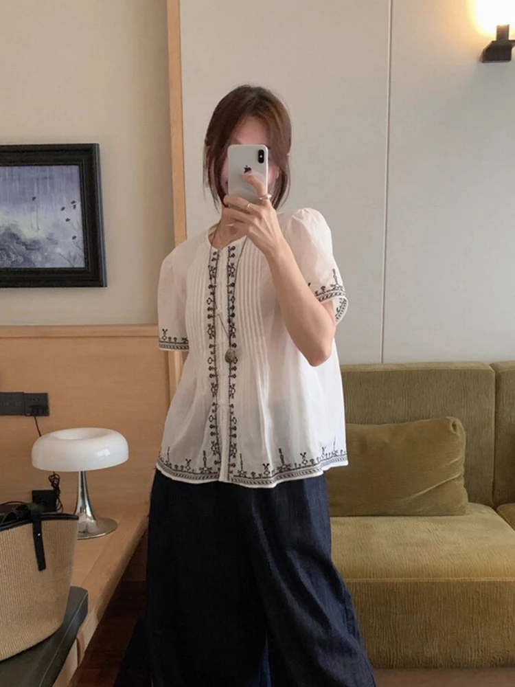 

Liangliang Ethnic Sle Heavy Embroidery Floral Print Women's irt Summer New Vintage Pleated Bubble Sve Casual Blouse
