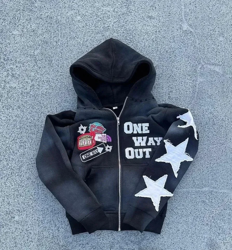 New Retro Punk Hoodie Harajuku Hip-Hop High Street Trend Casual Letter Print Street Style Unisex Zip-Up Sweatshirt