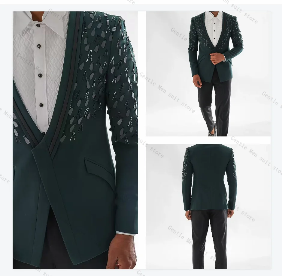 

Green Men Suit Set 2 Pcs Blazer+Black Pants Trousers Crystals Sequins Groom Wedding Tuxedo Formal Office Jacket Coat Customized