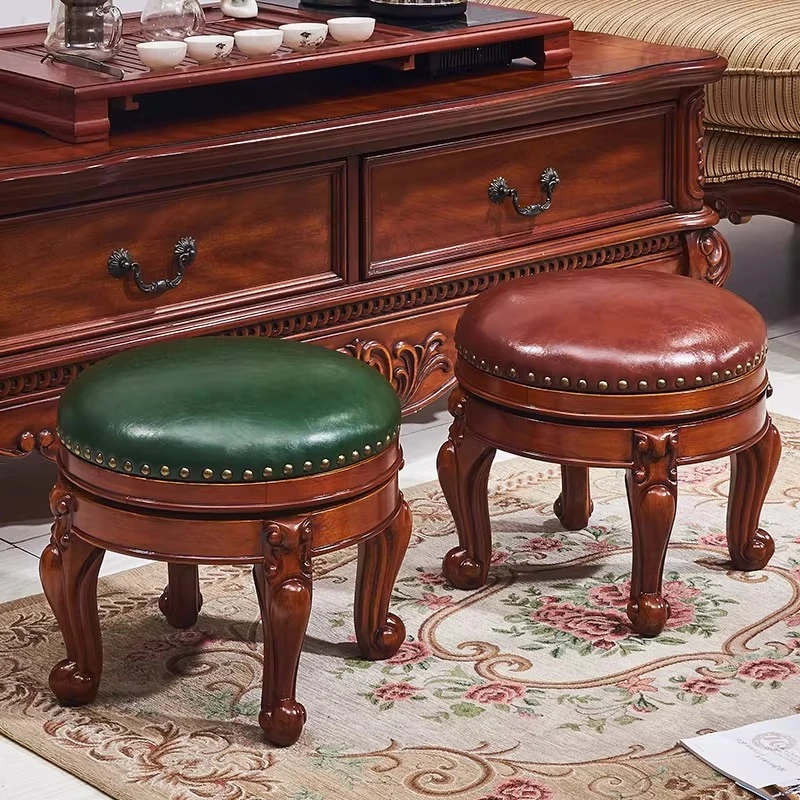 

Low stool solid wood children's chair coffee table leather European small round adult high shoe changing
