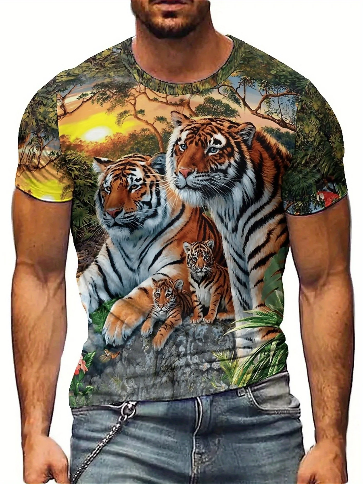 

Men'S 3D Tiger Family Print T-Shirt - Vibrant Sunset Design, Loose Fit, Short Sleeve, Polyester, Casual Summer Tee