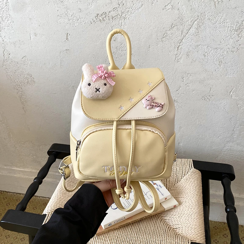 Kawaii 3D Rabbit Decor Mini Backpack Women Sweet Color‑block Pu Leather Small Backpack Girls Casual Travel School Shoulder Bag