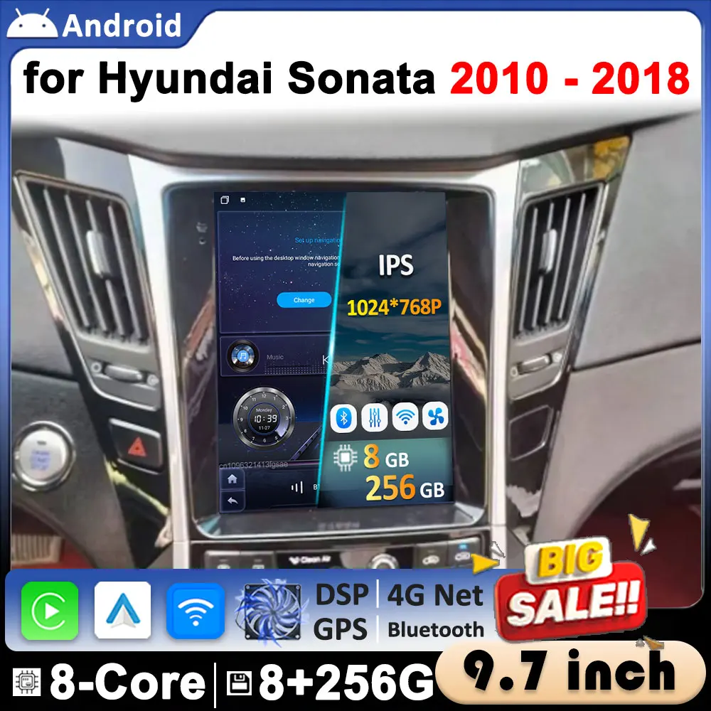 Reproductor Multimedia de Video para Auto Android 16 de 9.7 Pulgadas para Hyundai Sonata 2010 2011 2012 - 2018, Unidad Principal de Autoradio con Carplay Inalámbrico 4G