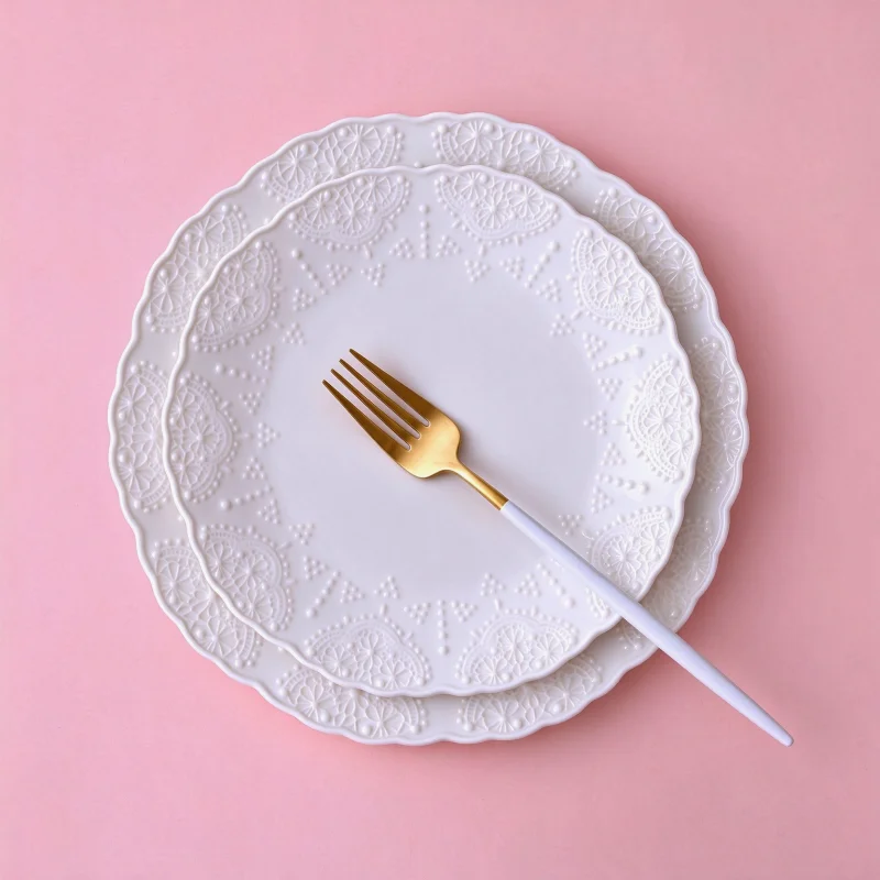 2pcs set, 8+10inch, white embossed porcelain serving plate, porcelain dinner plates, chafing dishes, ceramic dinner plates