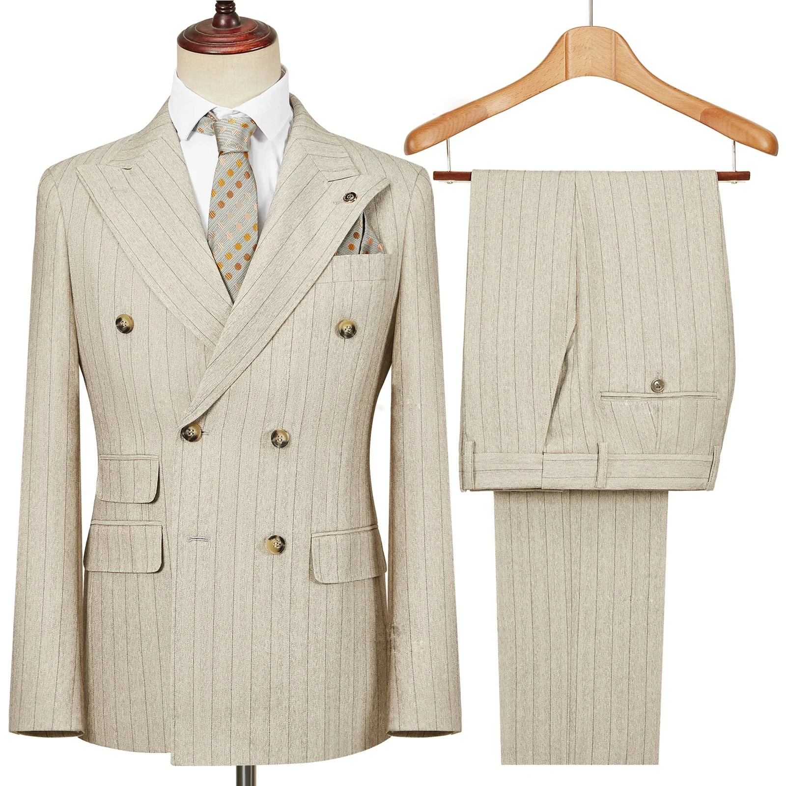 New Suits for Men Striped Double-Breasted Smart Stripe Slim Fit 2 Piece Set Blazer Pants Office Casual Wedding