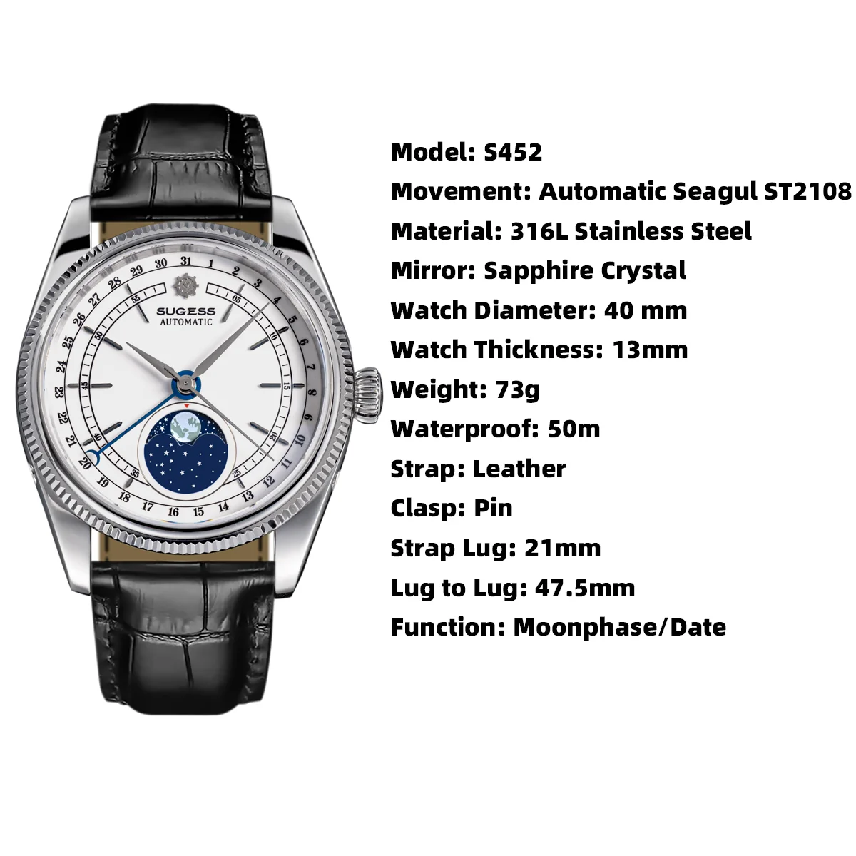 Sugess 40mm Mens Watch Automatic Mechanical Original ST2108 Movement MoonPhase Water Resistant Wristwatches Sapphire Crystal New
