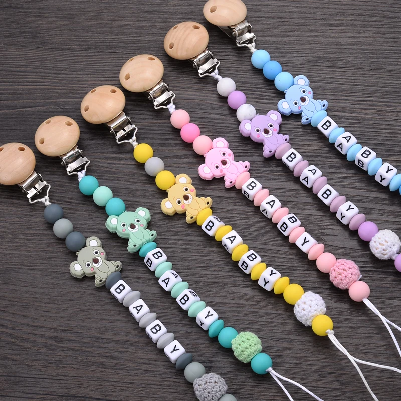 Baby Beech Teether Pacifier Clips Geometric Crochet Beads Personalized Name Silicone Teether Chain Pacifier Clips Nipple Clip