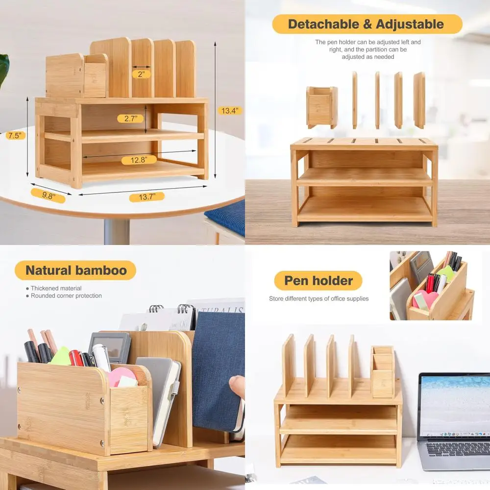 

3-х уровневый бамбуковый настольный органайзер, держатель для файлов, регулируемый держатель для ручек, лоток для бумаги для писем для организации офиса/домашней школы (натуральный)