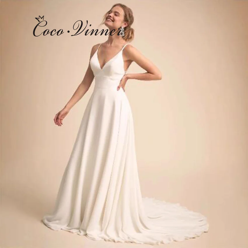 เปลือยโบสถ์รถไฟหรูหราชุดแต่งงานสายที่กําหนดเองคอวีแขนกุดปุ่มกลับชุดเจ้าสาวที่เรียบง่ายสําหรับผู้หญิงW1323