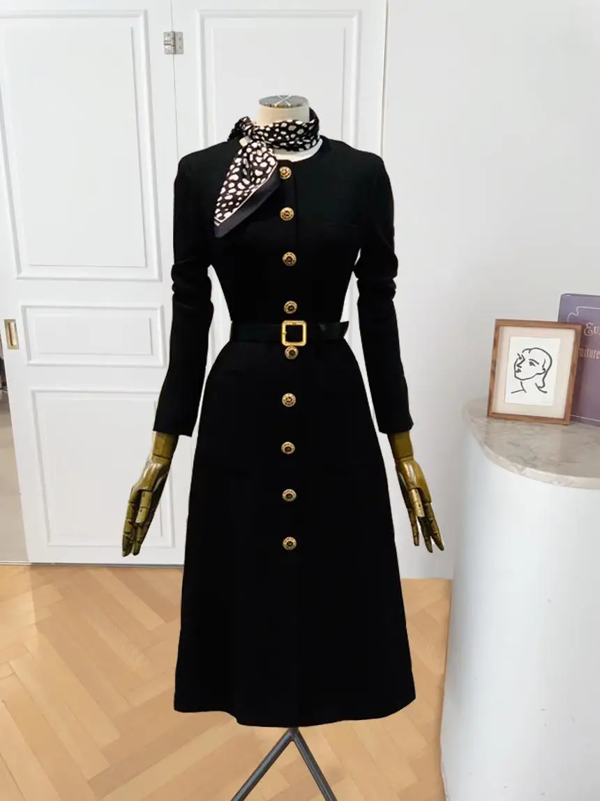 

Ele Slim Fit Workwear Suit Dr with Gold Buttons for Women High Waist A-Line Skirt Long Sve Mid-Length Autumn Winter