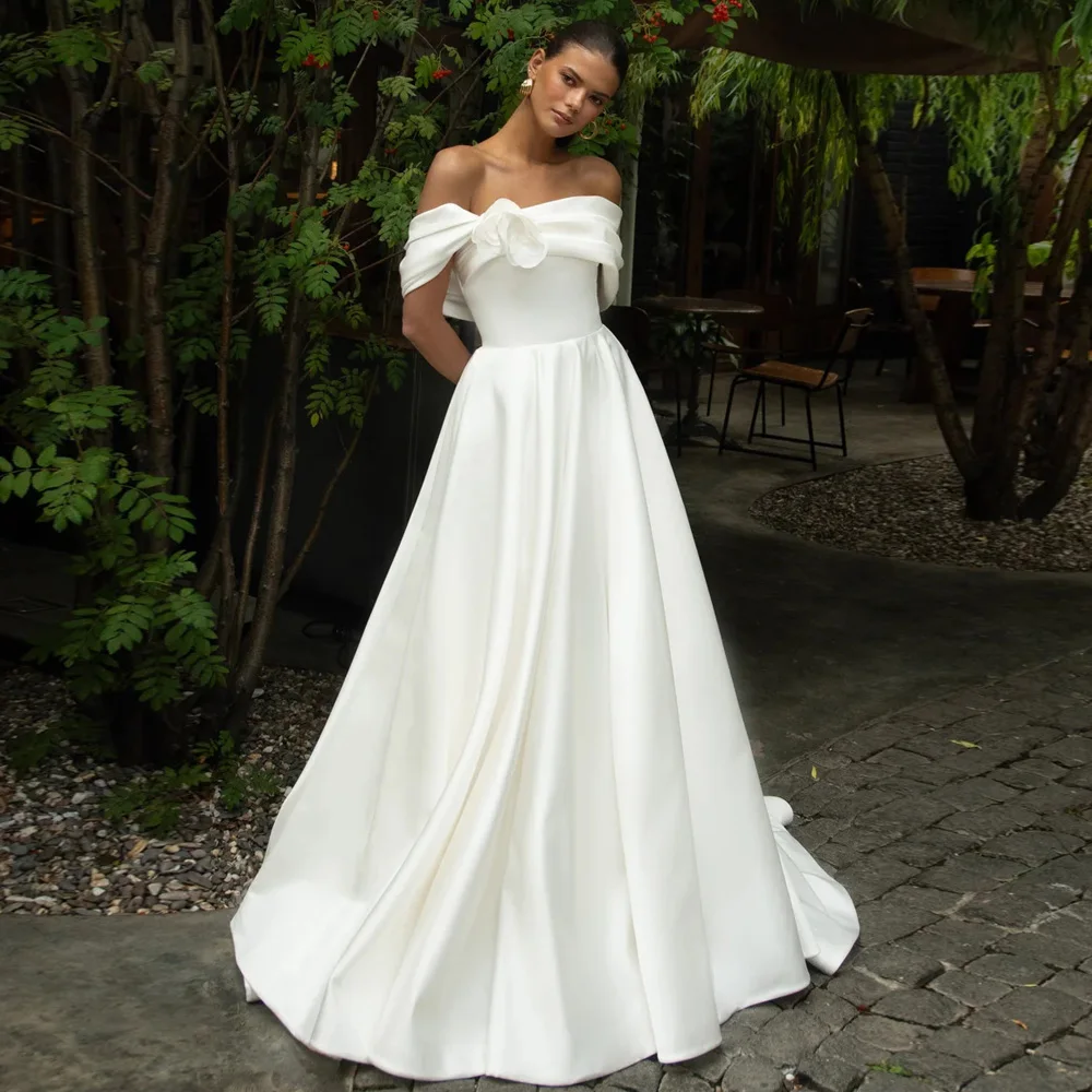 فستان زفاف حديث من الساتان للمرأة العروس مخصص قبالة الكتف قارب الرقبة الزهور ثنيات ألف خط فستان زفاف سويب تراين #5