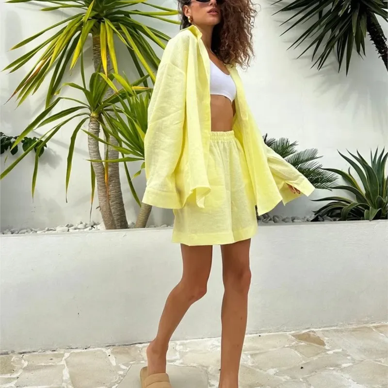 

Women 2 Piece Set Chic Lapel Long Sleeves Single Breasted Shirt Cozy Shorts Suit Casual Loose High Waist Solid Shorts Set