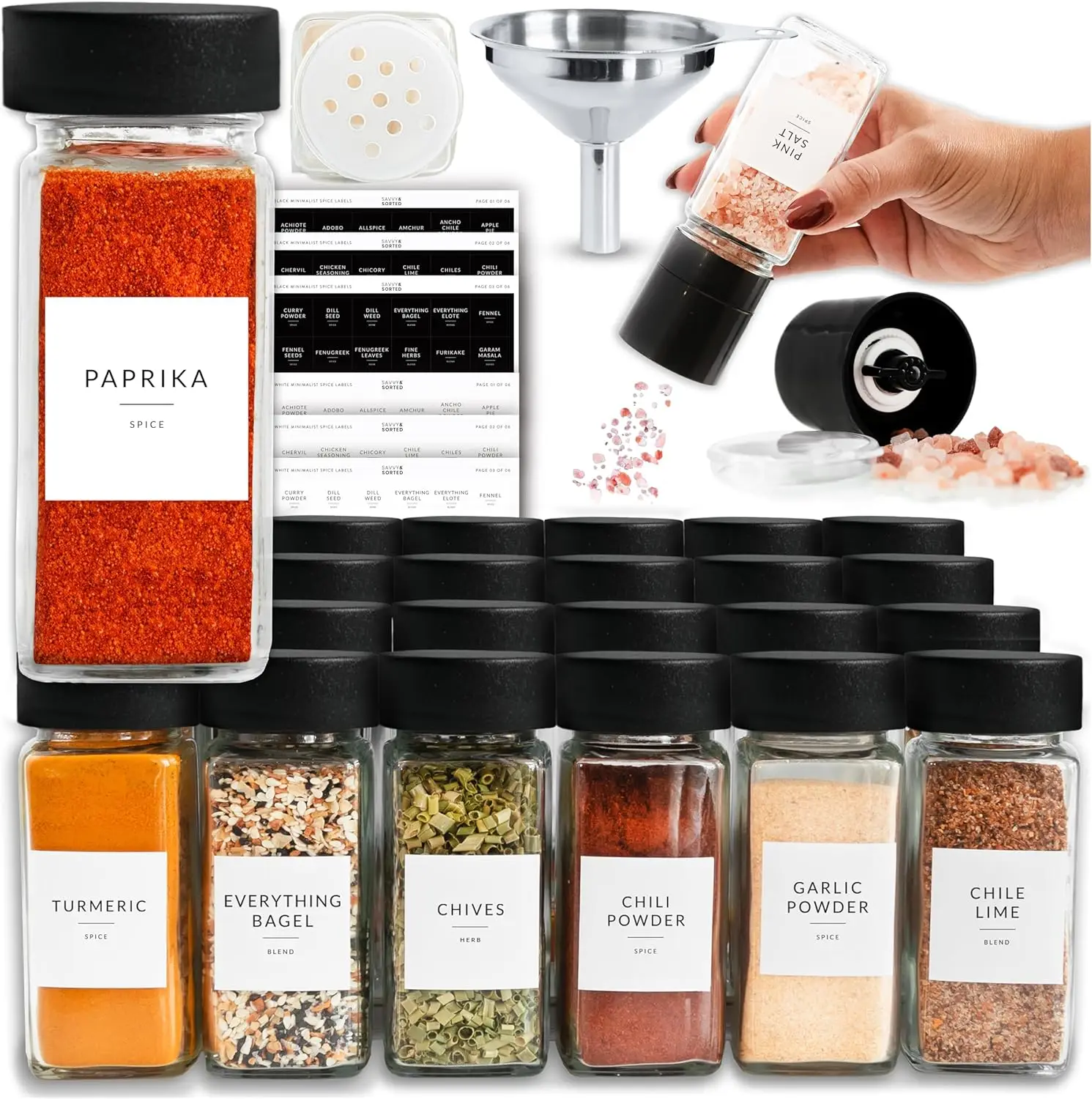 

24 упаковки стеклянных банок для специй на 4 унции с минималистичными этикетками, воронкой для перца, крышками для шейкера и квадратным органайзером для стоек