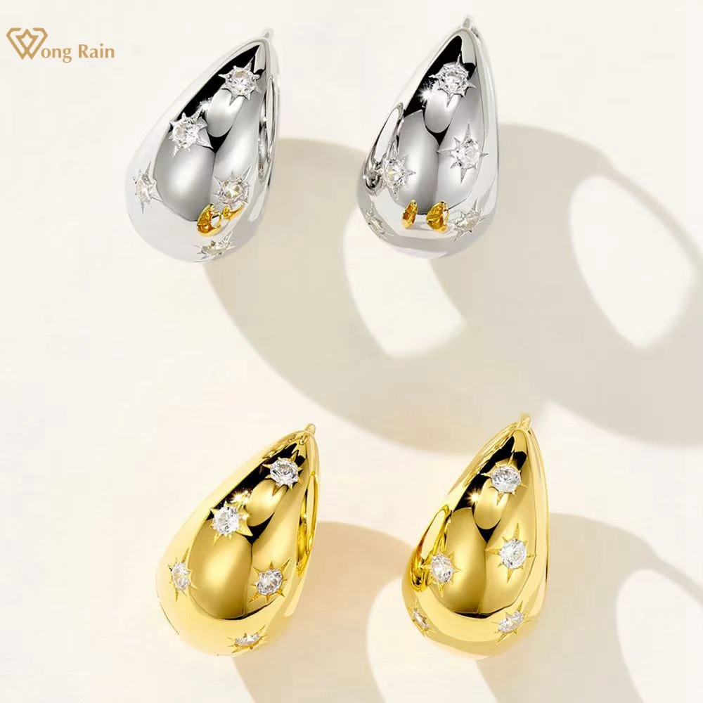 

Wong Rain 18K Gold Plated 925 Sterling Silver Sparkling High Carbon Diamond Gems Vintage Hoop Earrings for Women Fine Jewelry