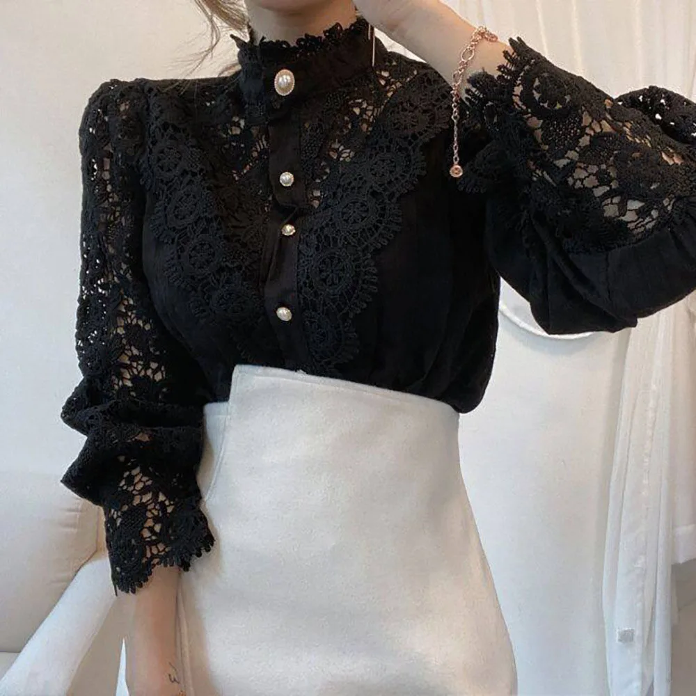 Spring Women Shirt Petal Sleeve Stand Collar Hollow Out Flower Lace Patchwork Shirt All-match Women Lace Blouse Button White Top