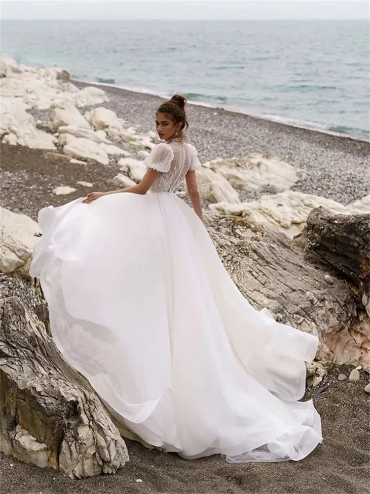 Beach Wedding Dresses Court Train Princess Short Sleeve High Neck Lace With Pleats Beading Bridal Gowns Elegant Long Dresses