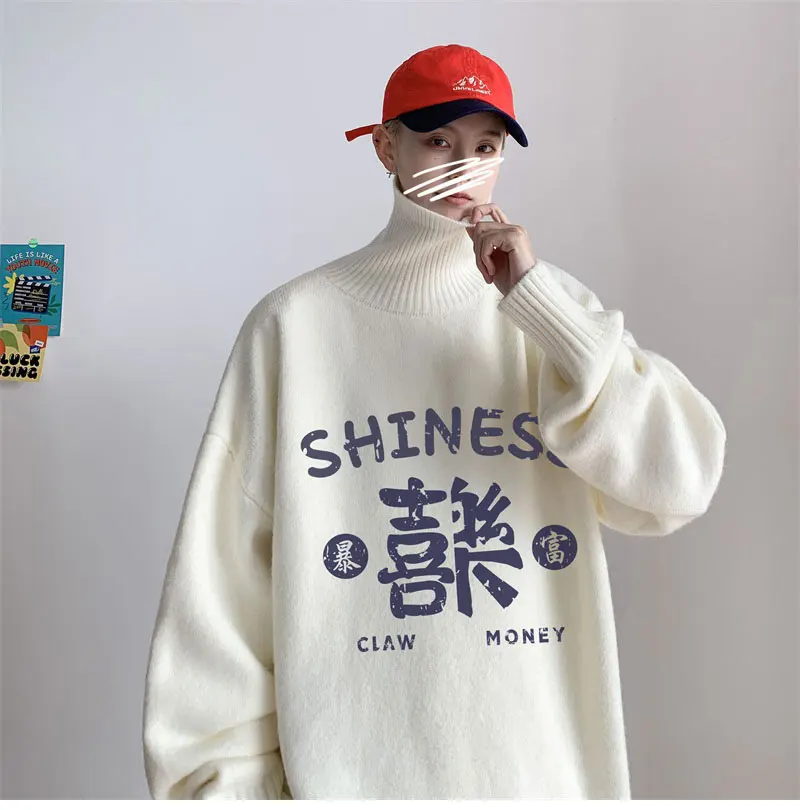 

Fashion New Turtleneck Men's Sweater Long Sleeve Oversized Youth Hommo Letter Patterned Casual Size Plus Loose Pullovers