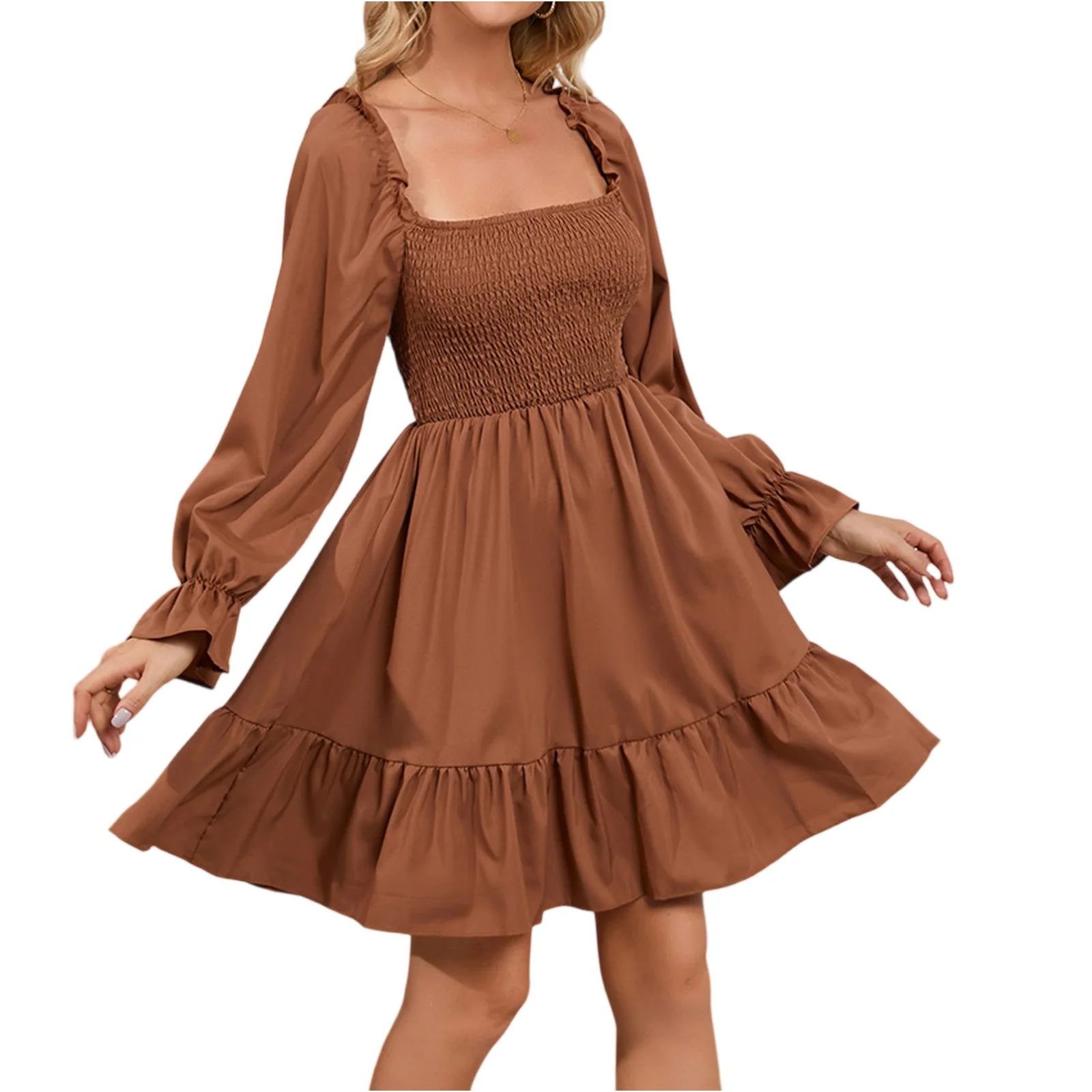 فساتين نسائية كاجوال بسيطة برقبة مربعة بلون سادة وأكمام طويلة فساتين صيفية مكشكشة ربيعية مرقعة بوهو فستان حفلات الكوكتيل مزين بالزهور