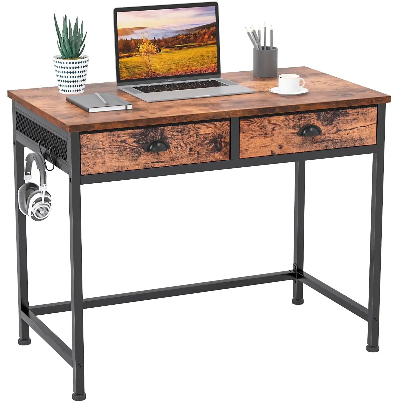 Computer Desk with 2 Fabric Drawers, 36" Home Office Writing Desk, Vanity Desk with Hooks, Study Desk for Small Spaces, Brown