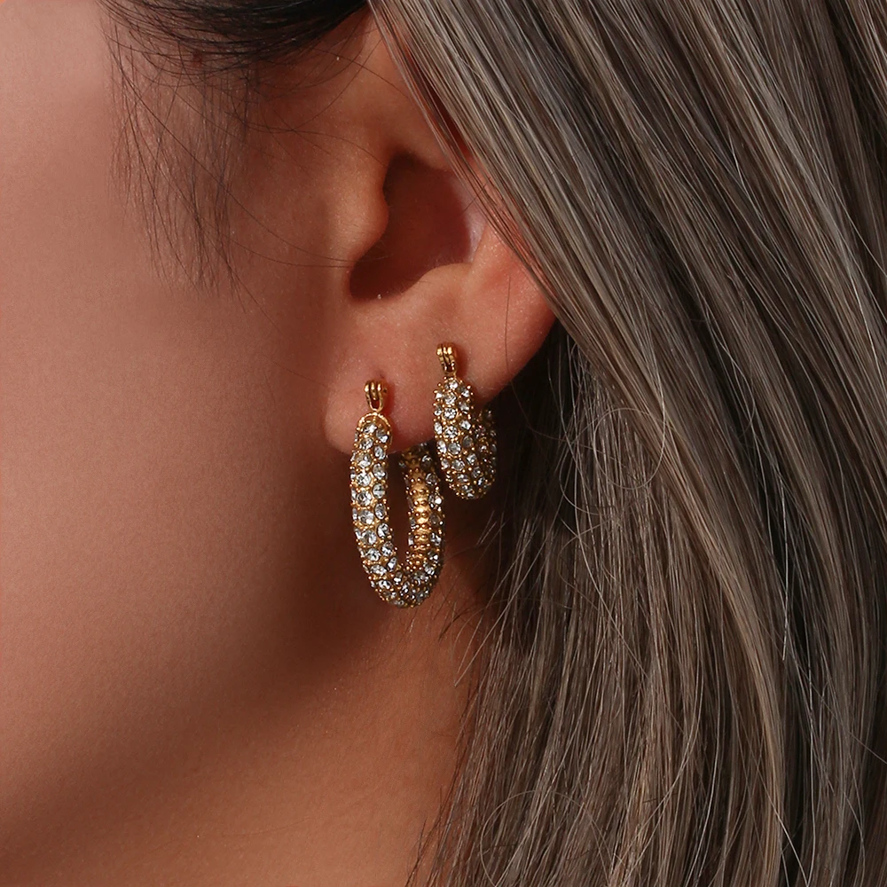 Full Crystal15mm 23mm Hoop Earrings For Girl Clear White Green Zircon Stone Stainless Steel Base Gold Plated Statement Earrings