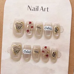 Women 10 Pcs Handmade Press on Nail Golden Autumn Detachable Nail Art Pieces French Beautiful Cat Eye with Love Design Nail Art